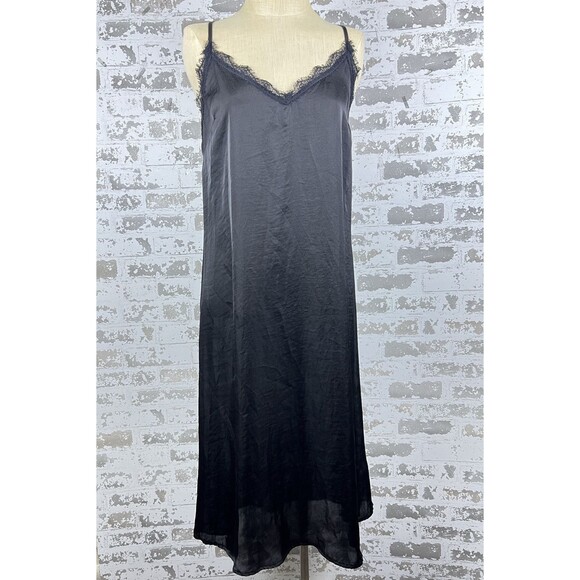 Band of Gypsies Womens L Slip Dress Midi Dress Black Fringe Lace Trim Satin Feel - Picture 3 of 9